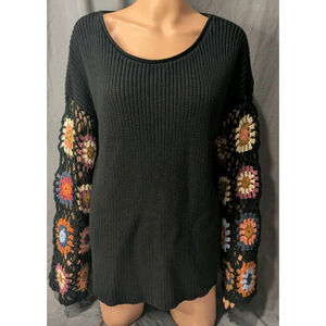 Three Bird Nest Woman's Medium Knit Sweater Embroidered Black Flowers